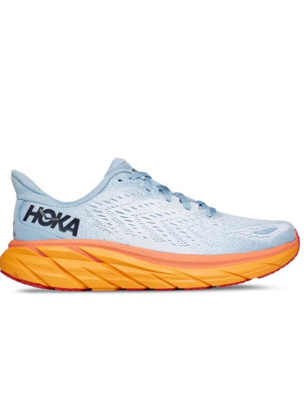 Hoka Pale Blue and Orange Clifton 8 (size 8.5)